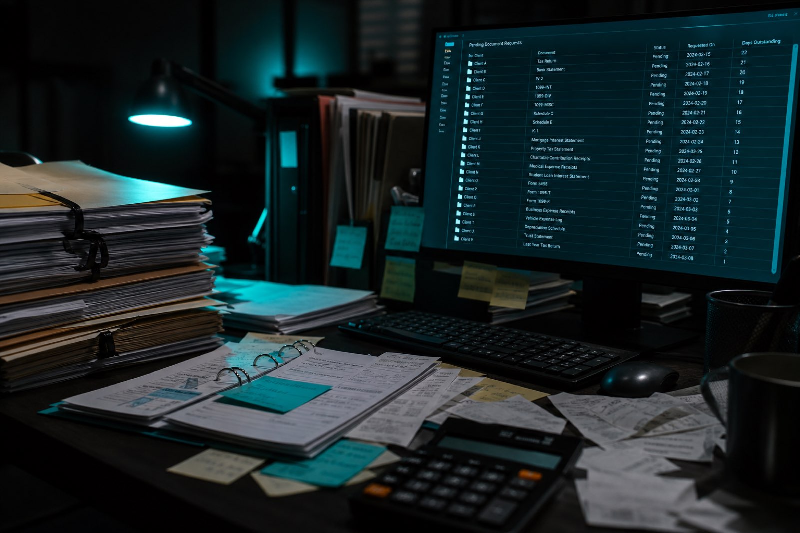 An accountant's desk overwhelmed by manual document intake and data entry