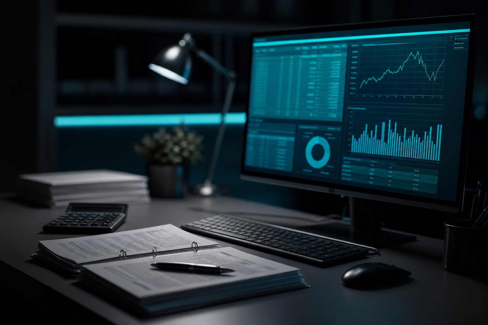 A calm accountant reviewing a completed return on a teal lit screen