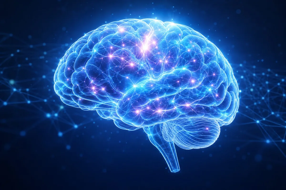 A glowing neural brain of light, a visual primer on how machine learning works