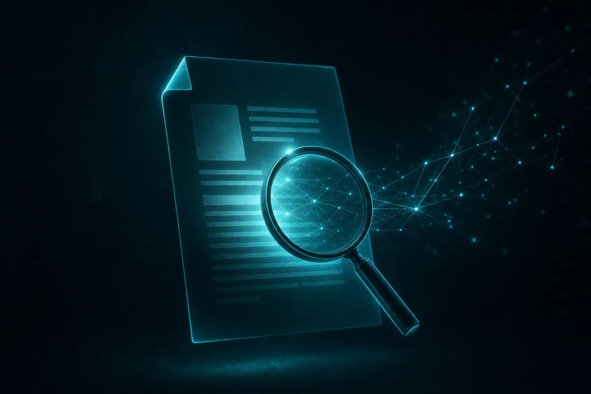 A glowing document examined by a magnifying glass, breaking down Google's whitepaper on AI agents