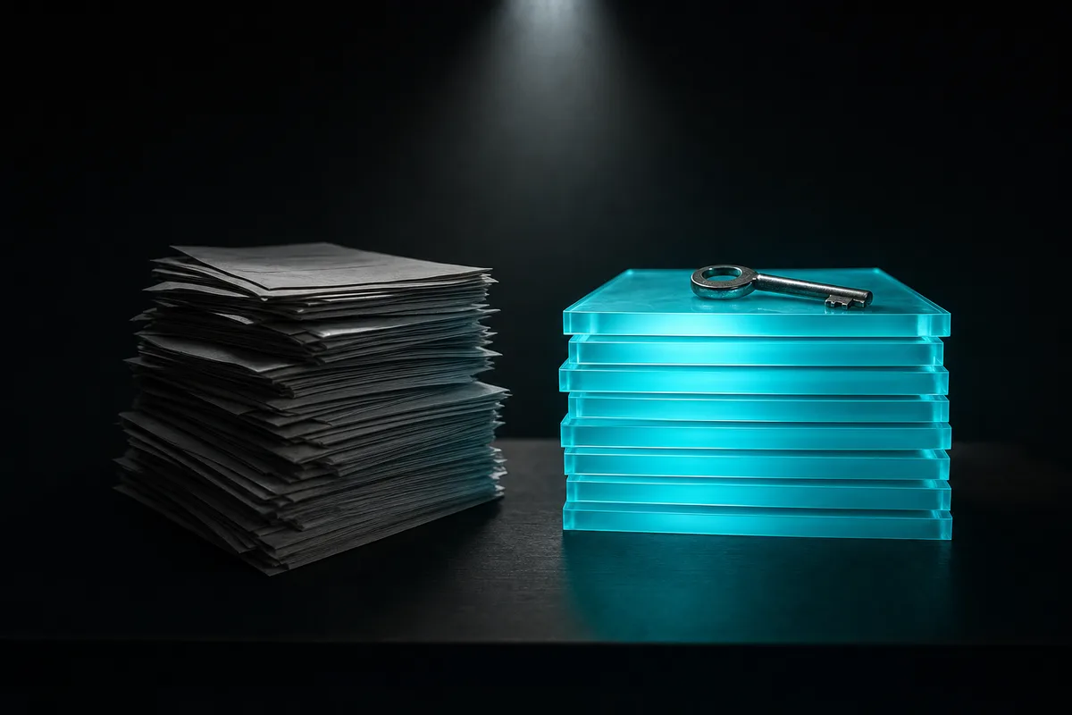 Stacked geometric blocks on a dark background showing layered AI cost structure, with electric cyan base layers and a gold-accented top value layer