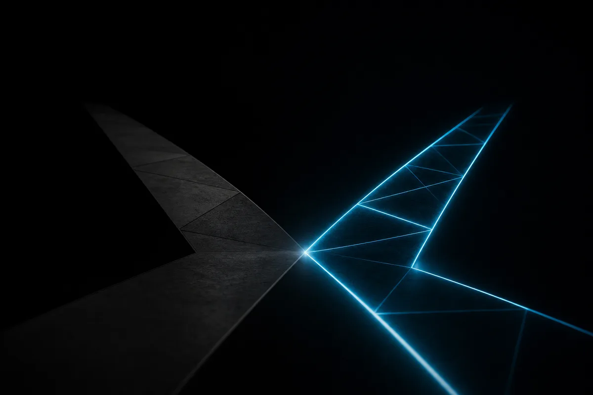 Two diverging paths on a dark surface — one dim and static, one glowing electric cyan — representing the choice between renting and owning AI