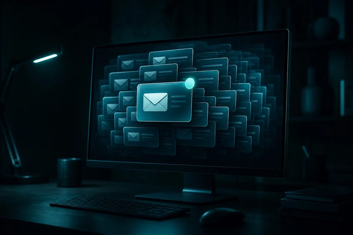 A dark monitor showing an overflowing inbox of glowing email icons, the emails an AI employee handles