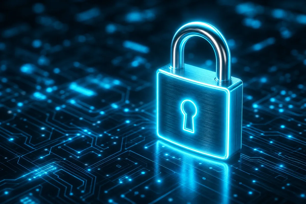 A glowing padlock over a circuit board, representing hardening AI-generated code for security
