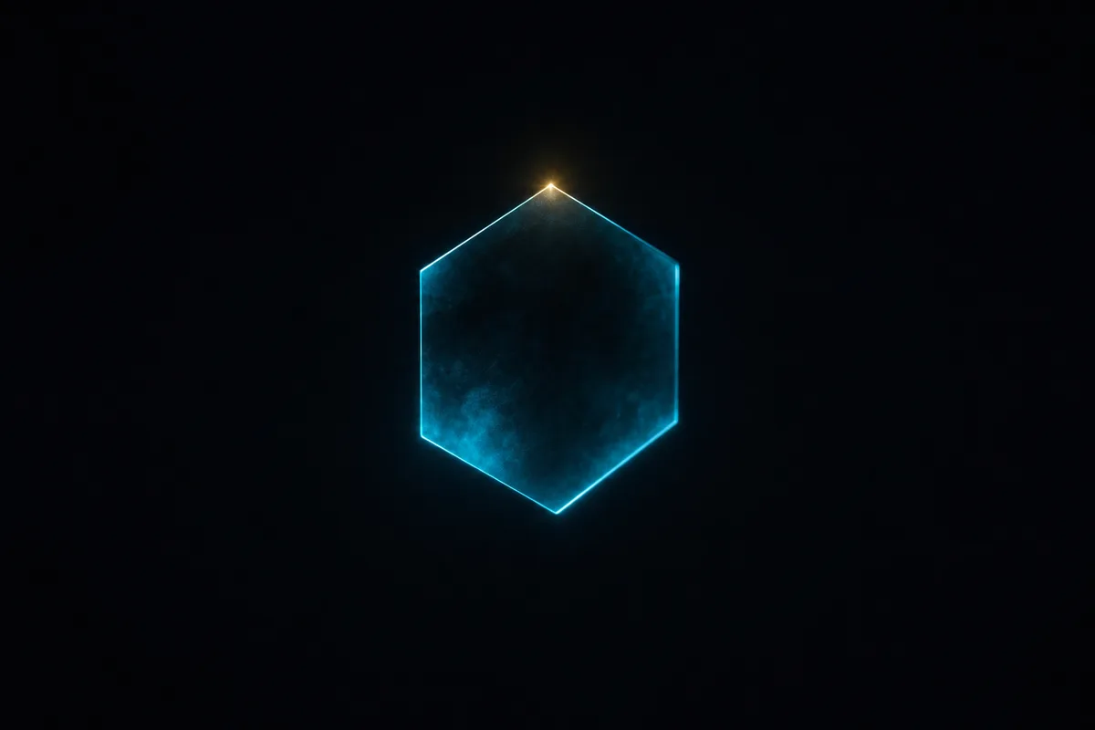 A glowing electric cyan geometric shield form centered in near-black void, representing a hardened security gate for AI-generated code