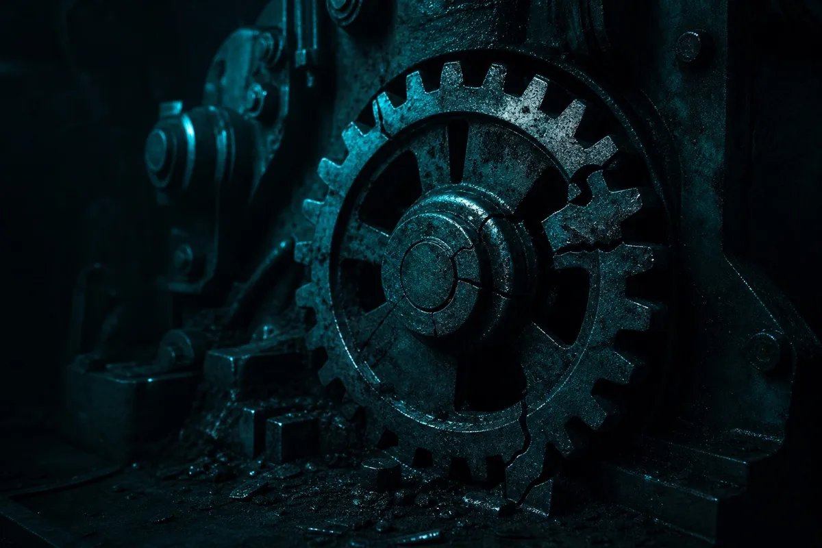 A cracked, jammed gear in shadow, representing why most AI projects stall