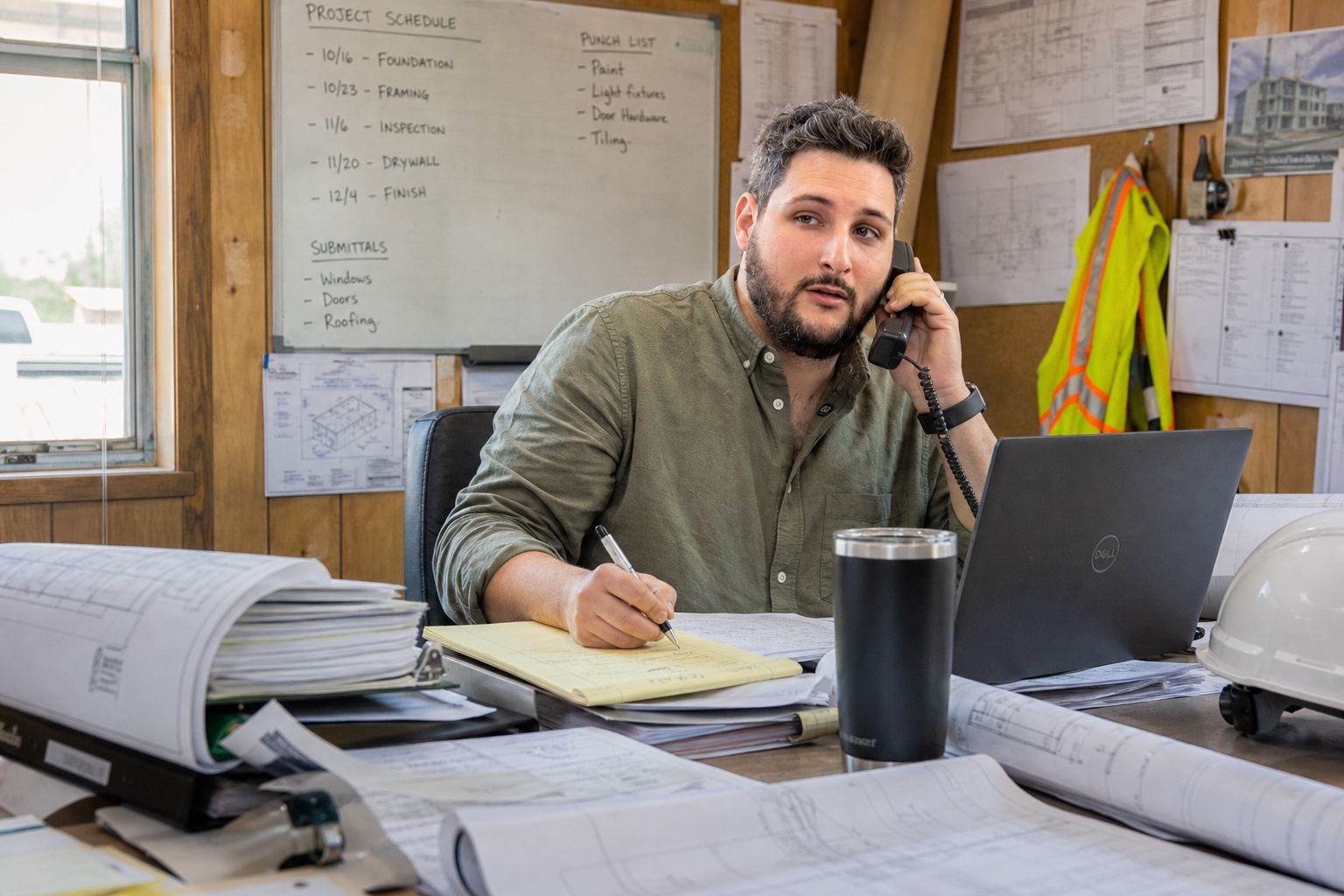 a cluttered construction back-office desk overwhelmed by plans, bids, and pro formas