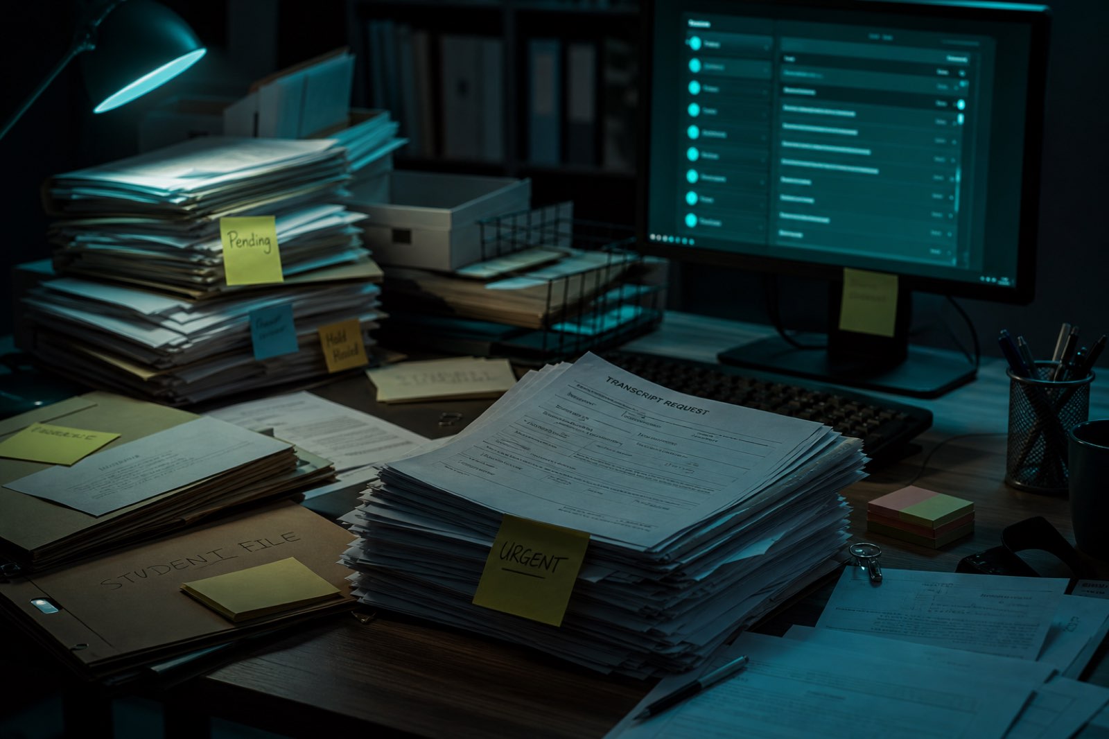 a cluttered education back-office desk overwhelmed by manual records and forms