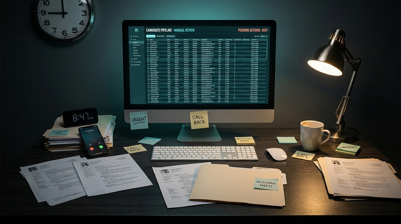 A recruiter desk overwhelmed by manual coordination: a pending-actions pipeline on screen, urgent call-back sticky notes, and scattered candidate files